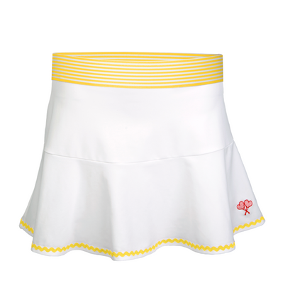 White tennis skirt with yellow trim on a white background