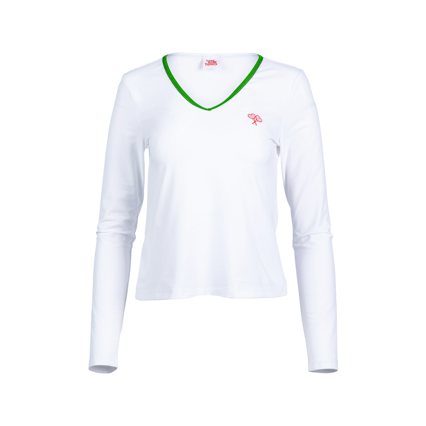 White long-sleeve shirt with green neckline on a white background