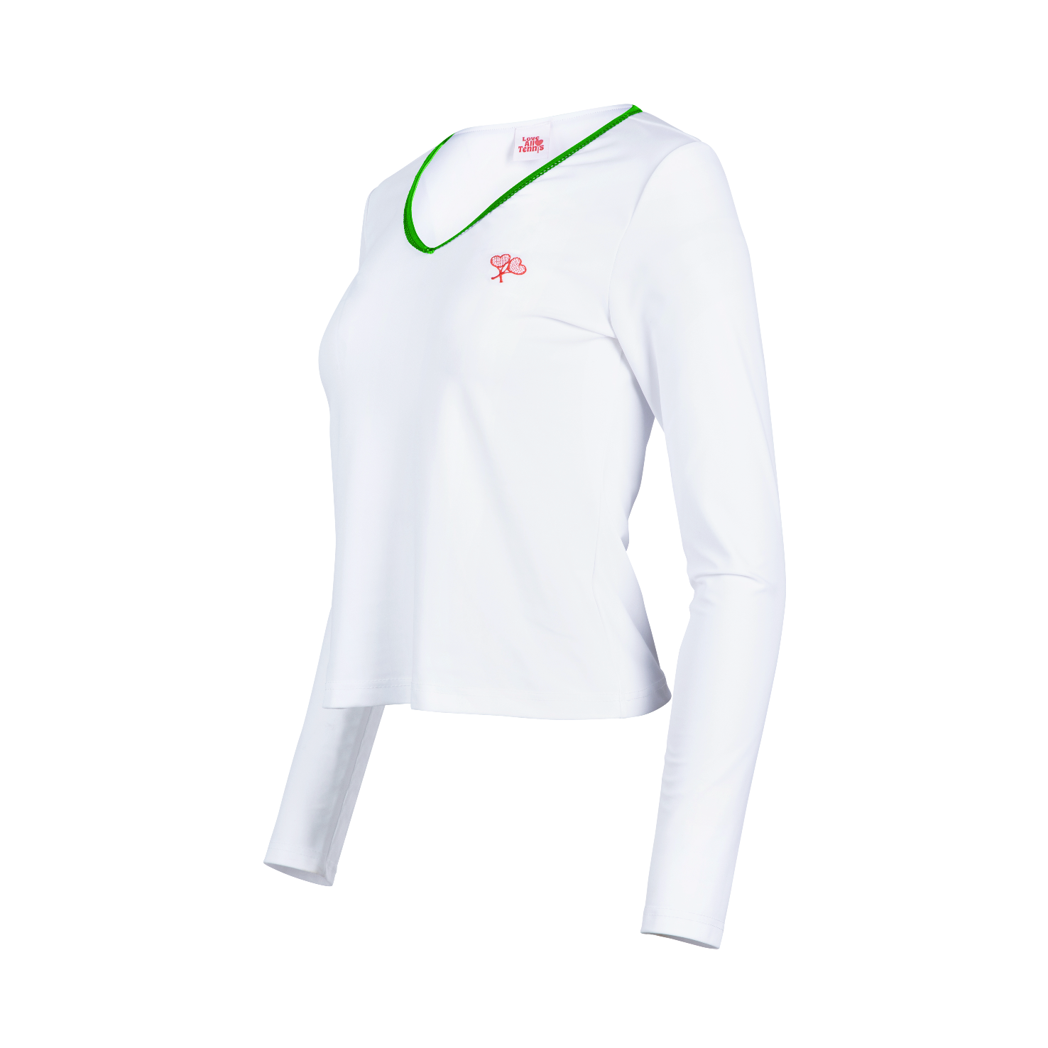 White long-sleeve shirt with green accents on a white background