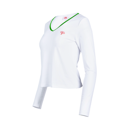 White long-sleeve shirt with green accents on a white background