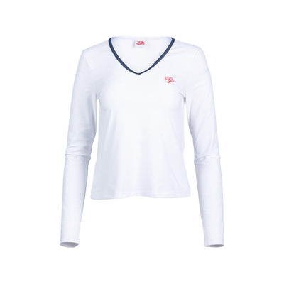 White long-sleeve shirt with a logo on a white background