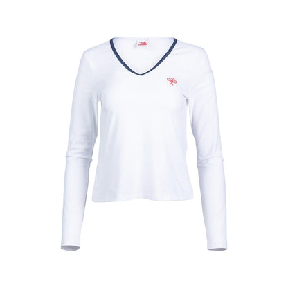 White long-sleeve shirt with a logo on a white background