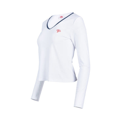 White long-sleeve shirt with a logo on a white background