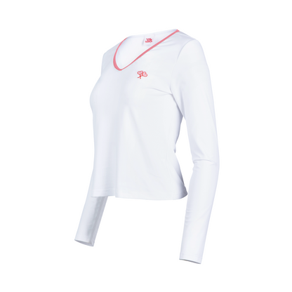 White long-sleeve athletic top with a red logo on a white background