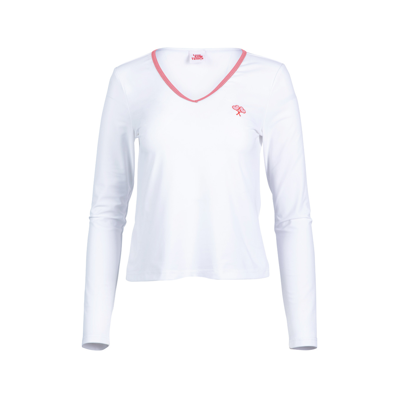White long-sleeve shirt with pink trim on a white background