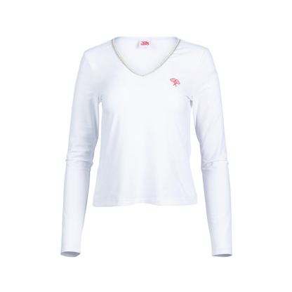 White long-sleeve shirt with a small logo on a white background