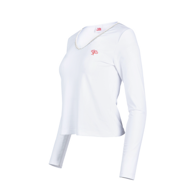 White long-sleeve shirt with a small red logo on a white background