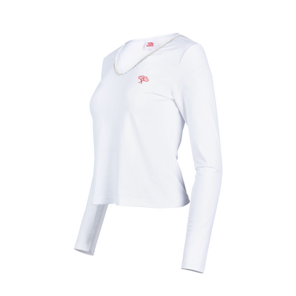 White long-sleeve shirt with a small red logo on a white background