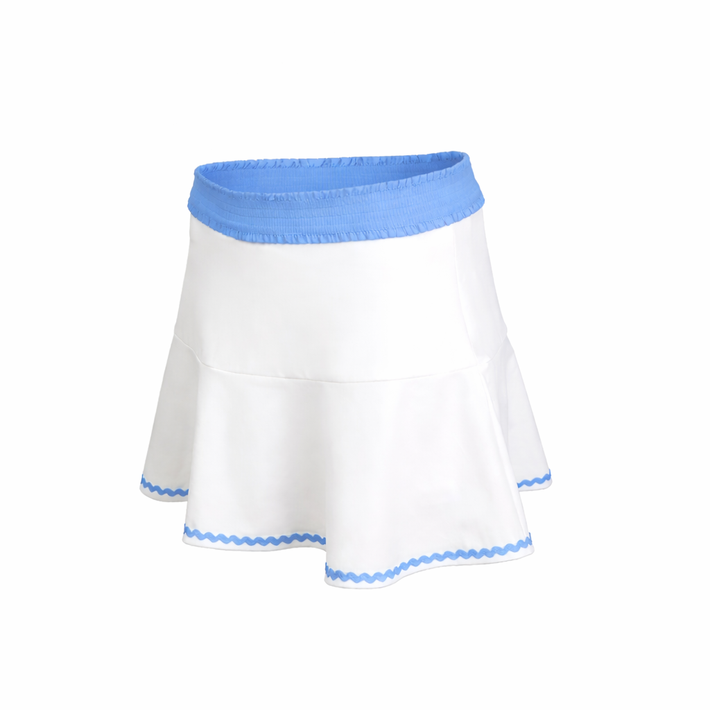 White skirt with blue trim on a white background
