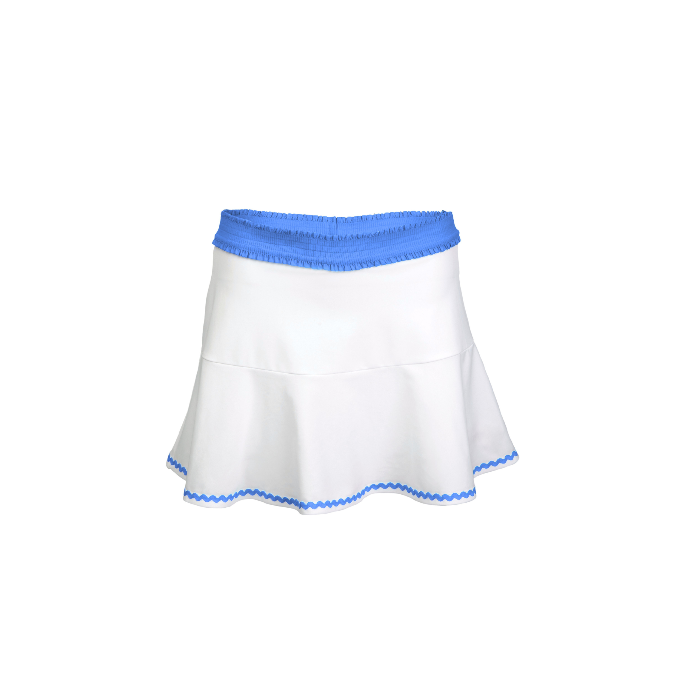 White skirt with blue trim on a white background