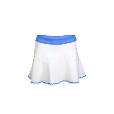 White skirt with blue trim on a white background