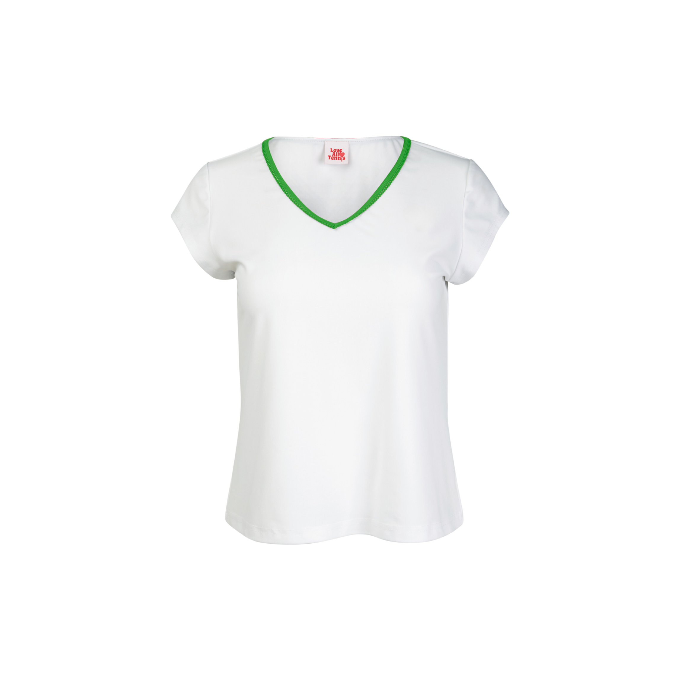 White t-shirt with green neckline on a white background