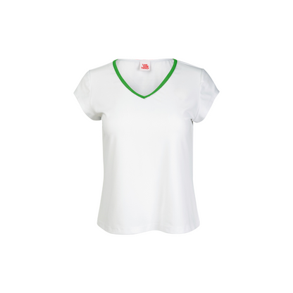White t-shirt with green neckline on a white background