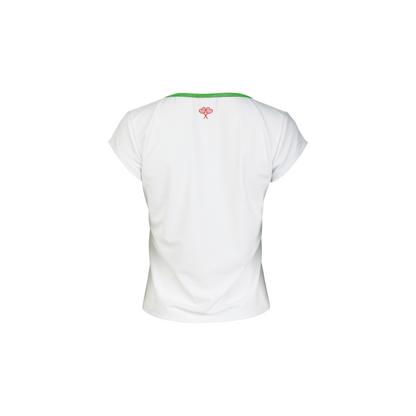 White t-shirt with a small logo on the chest against a white background