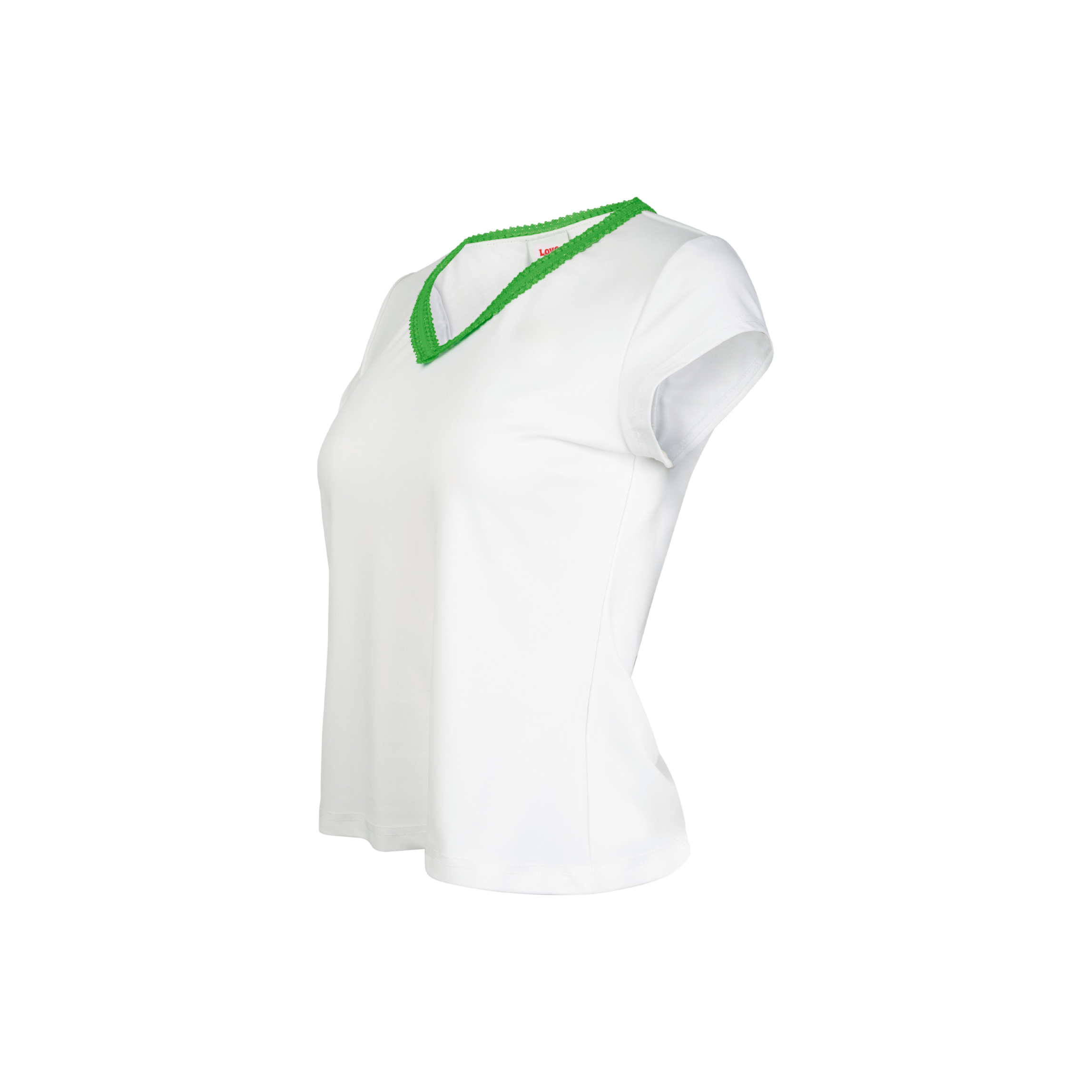 White t-shirt with green neckline on a white background
