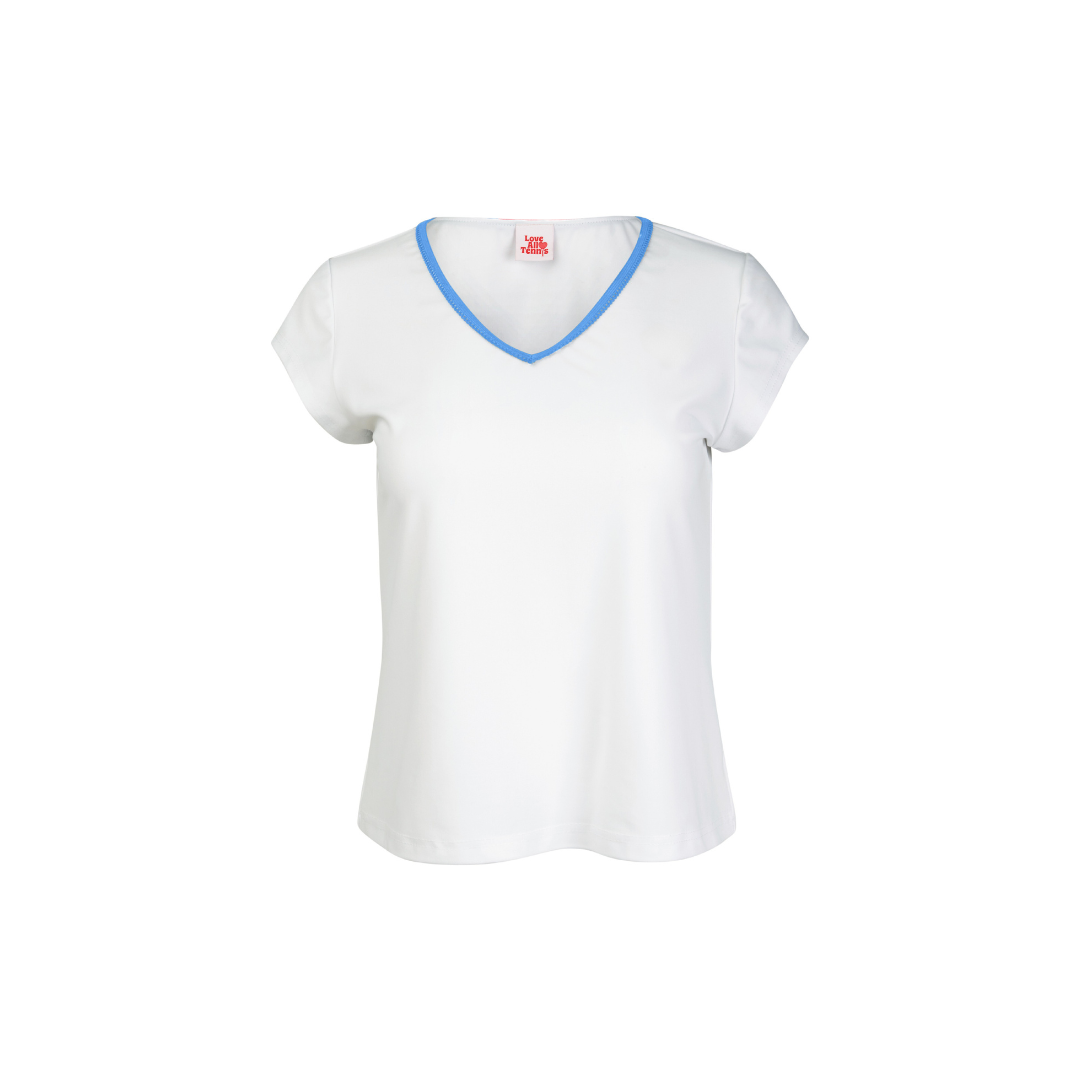 White t-shirt with blue trim on a white background