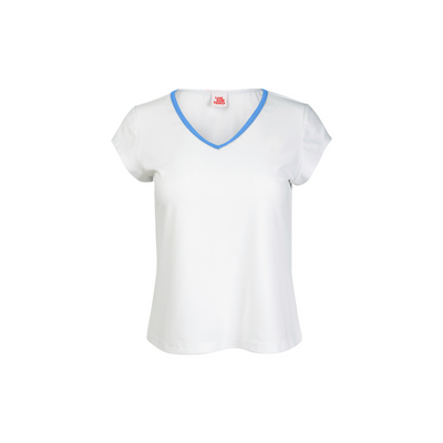 White t-shirt with blue trim on a white background