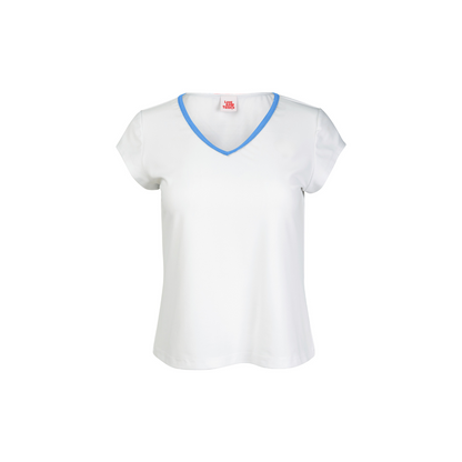 White t-shirt with blue trim on a white background