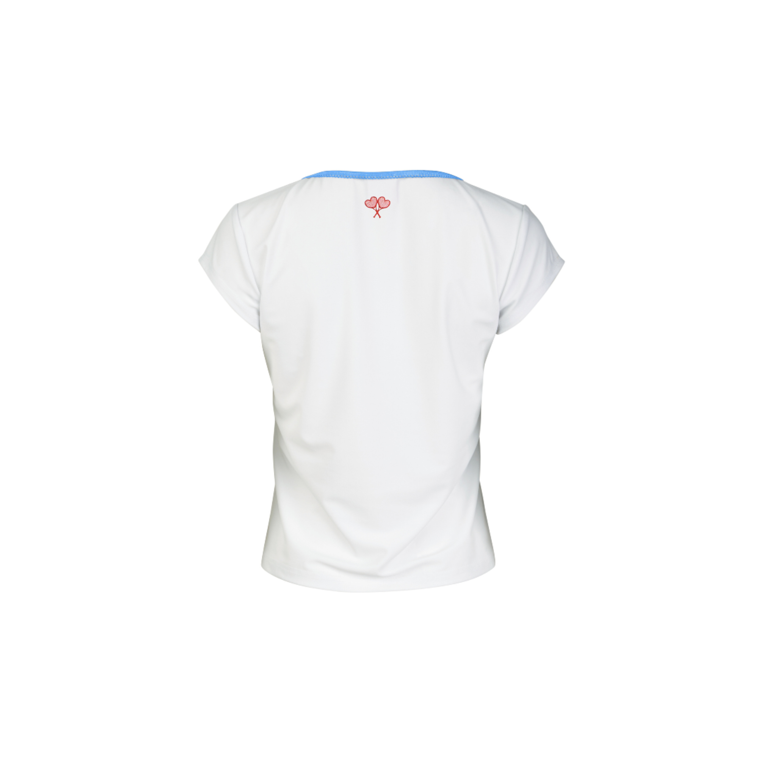 White t-shirt with a small logo on the back against a white background