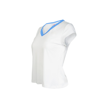White top with blue neckline on a white background
