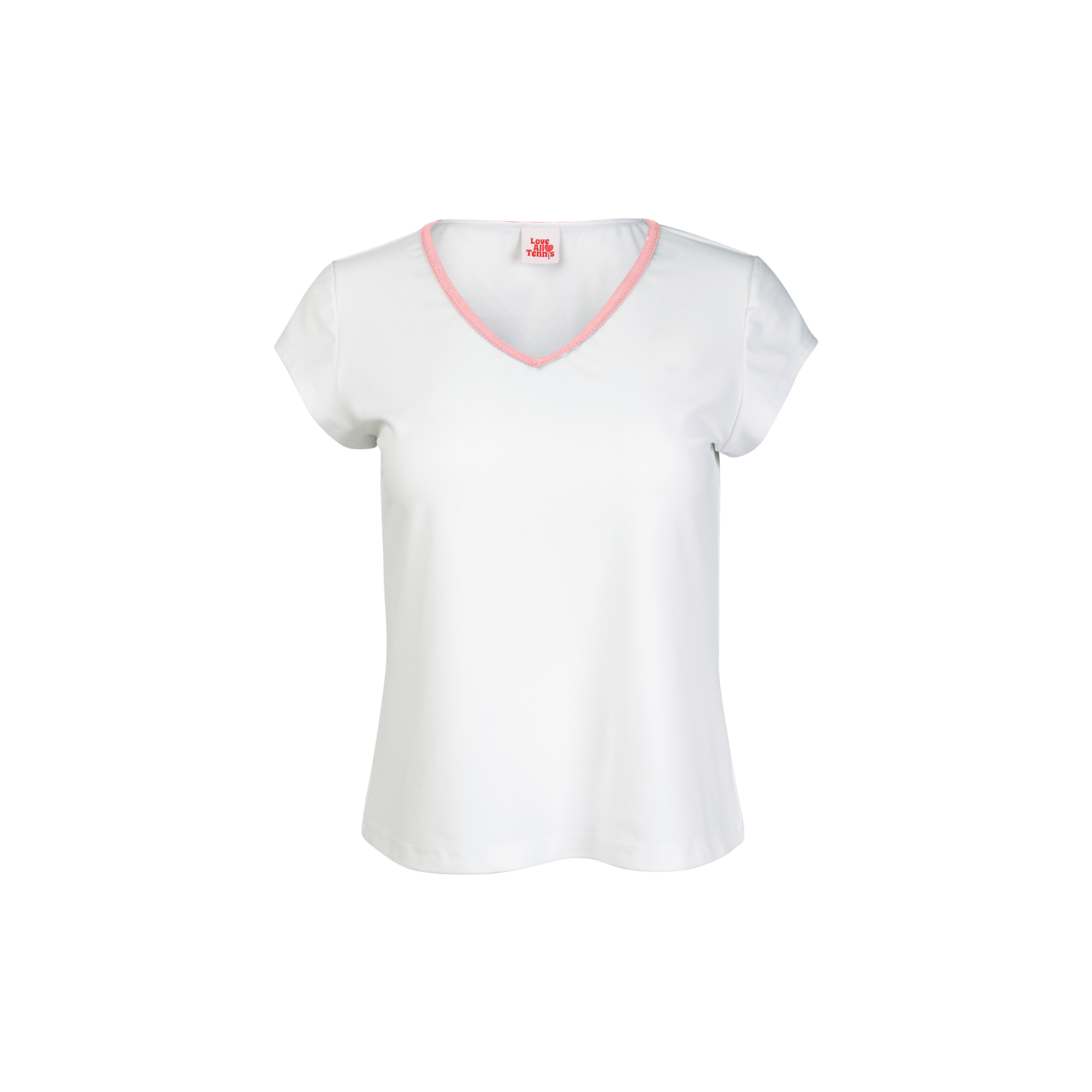 White t-shirt with pink trim on a white background