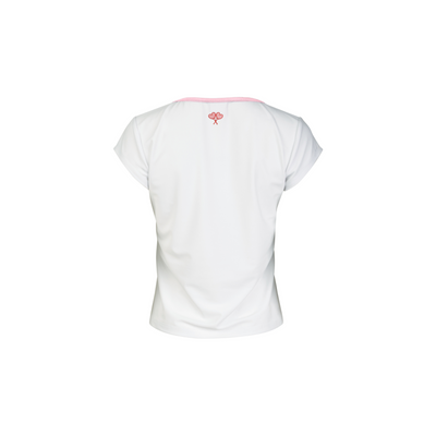 White t-shirt with a small logo on the chest against a white background