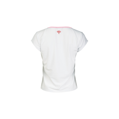 White t-shirt with a small logo on the chest against a white background