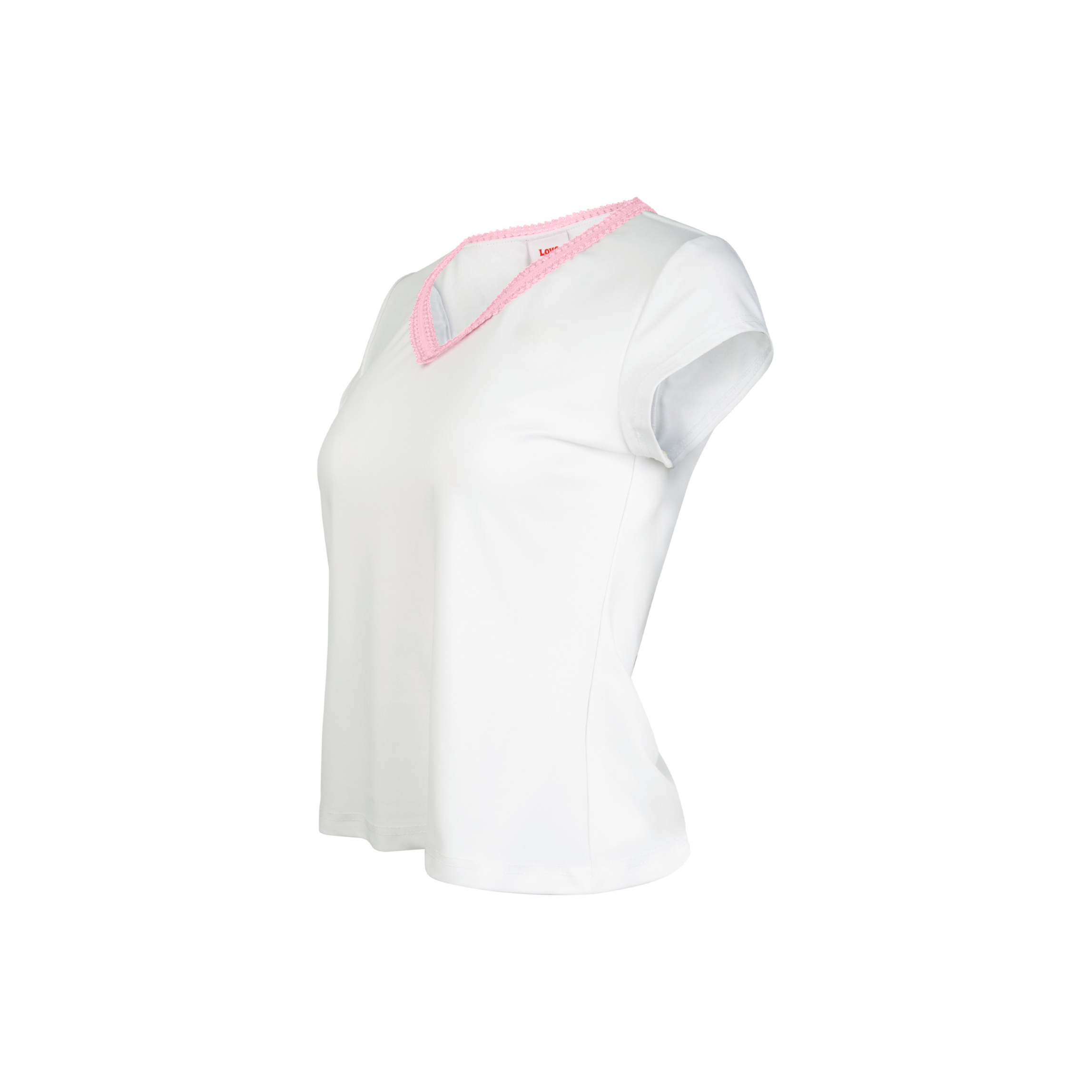 White top with pink trim on a white background