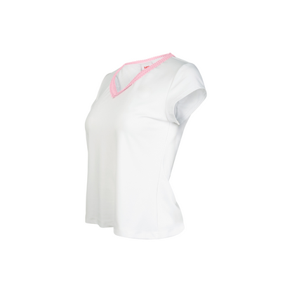 White top with pink trim on a white background