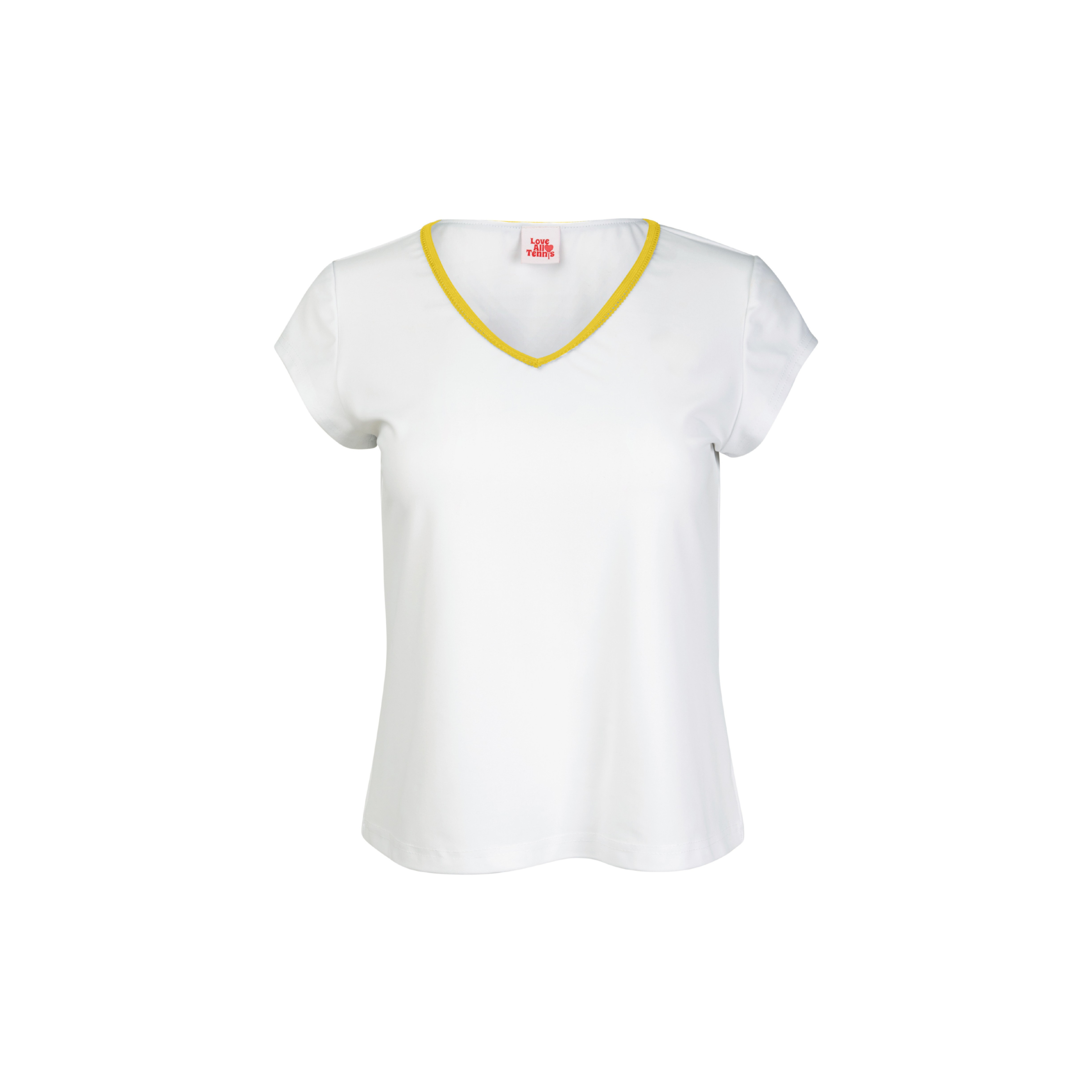 White t-shirt with yellow trim on a white background