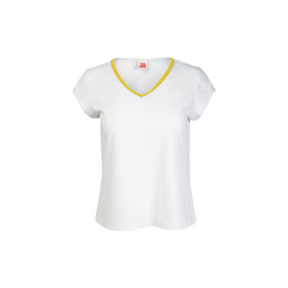 White t-shirt with yellow trim on a white background