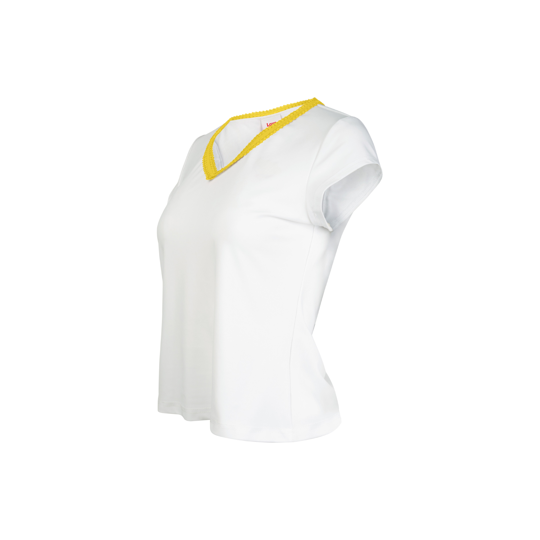 White t-shirt with yellow neckline on a white background