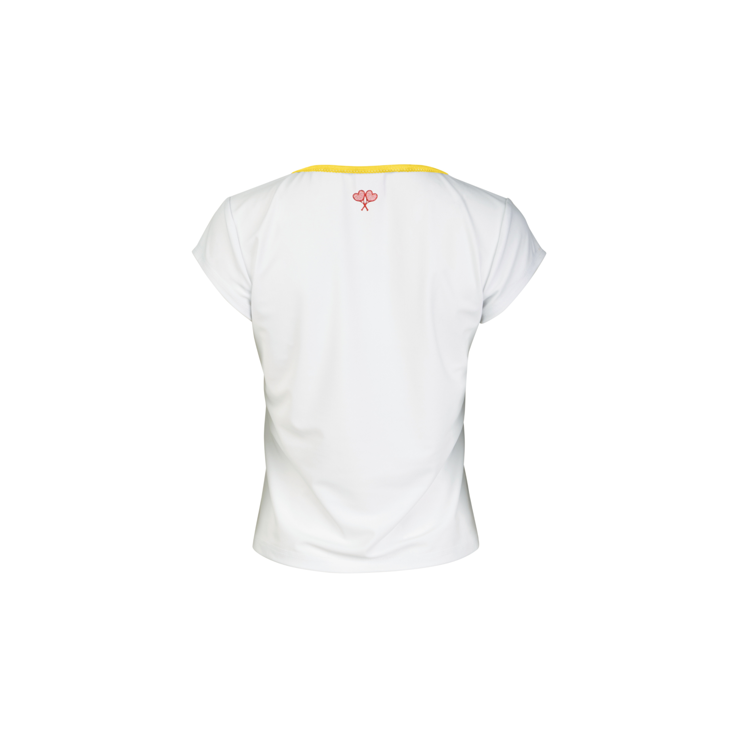 White t-shirt with a small logo on the back against a white background