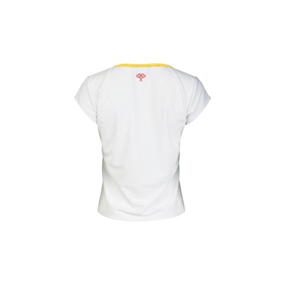 White t-shirt with a small logo on the back against a white background