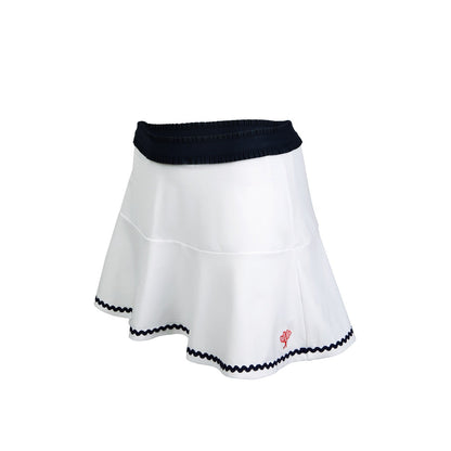 White skirt with navy trim on a white background