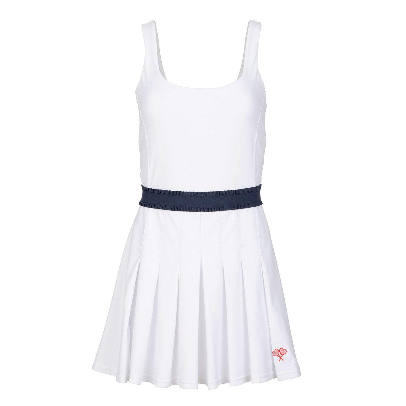 White dress with a navy belt on a white background