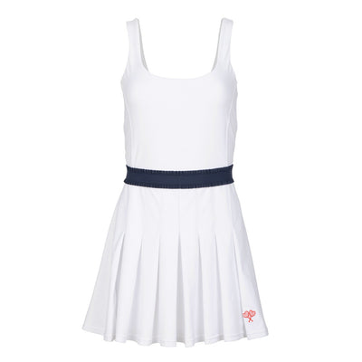 White dress with a navy belt on a white background