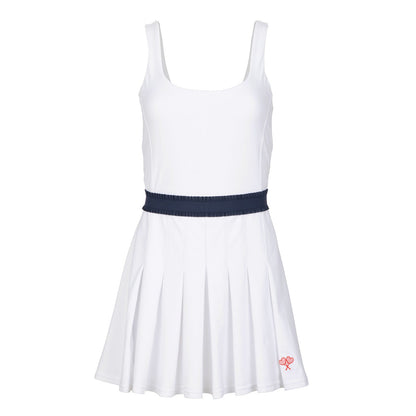 White dress with a navy belt on a white background