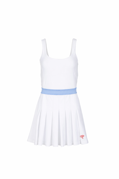 White dress with a light blue waist on a white background