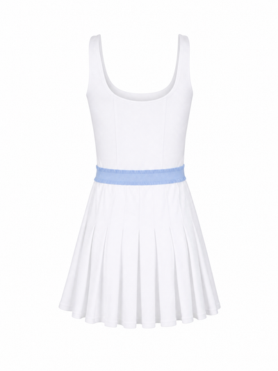 A white sleeveless scoop-neck dress with a pleated skirt and a light blue textured waistband, shown against a plain white background.
