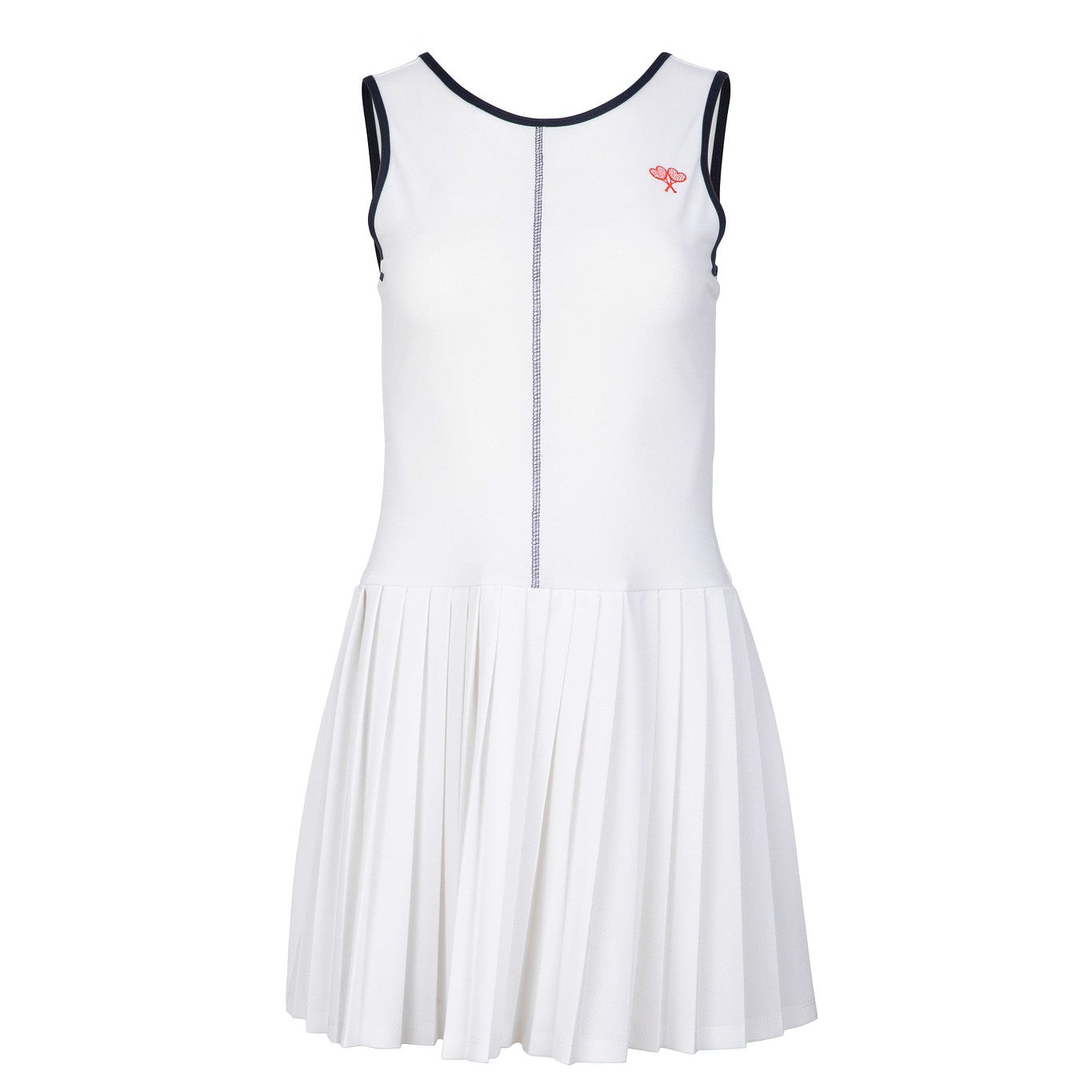 White dress with navy trim on a white background