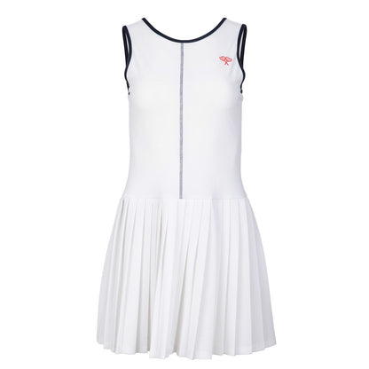 White dress with navy trim on a white background