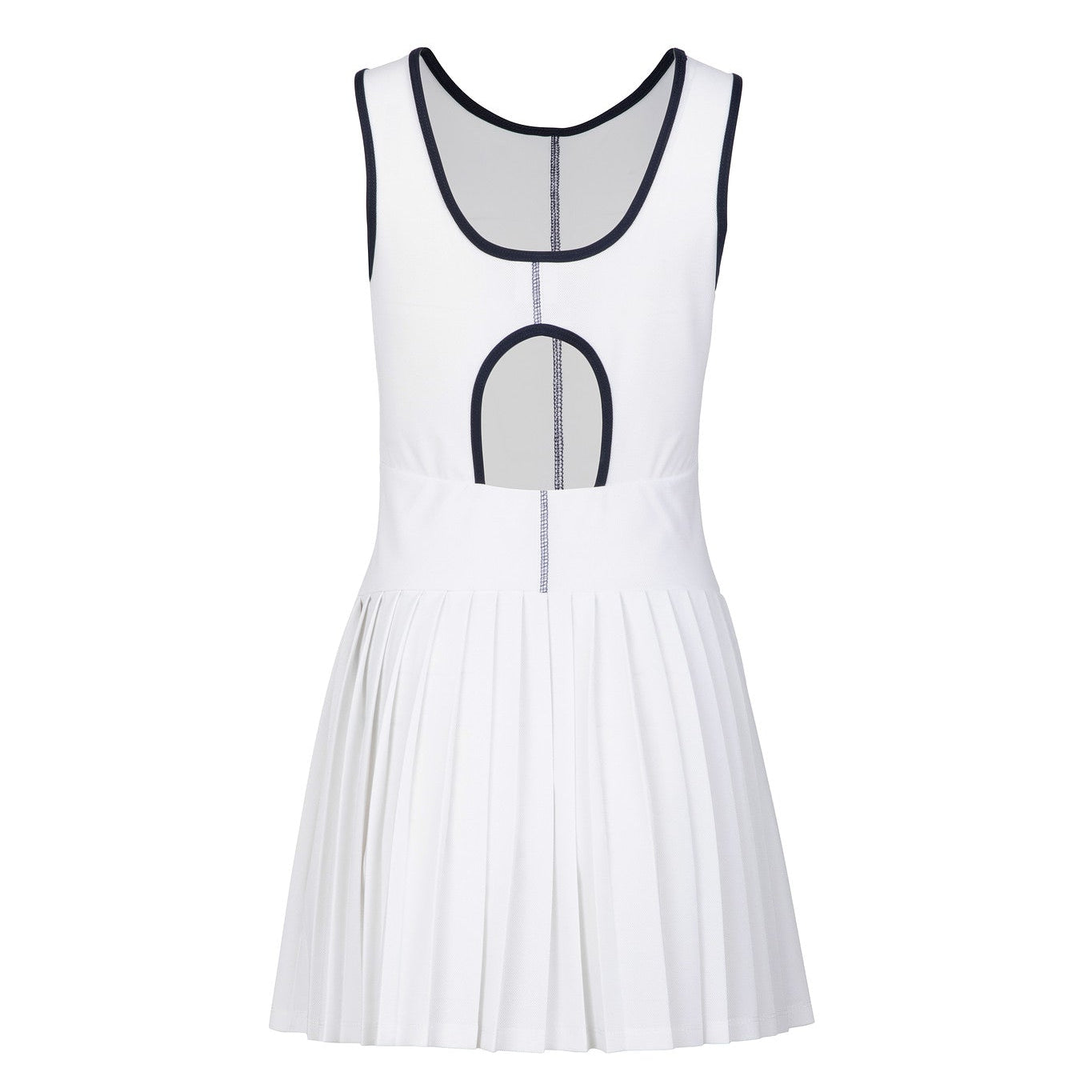 White dress with navy piping on a white background