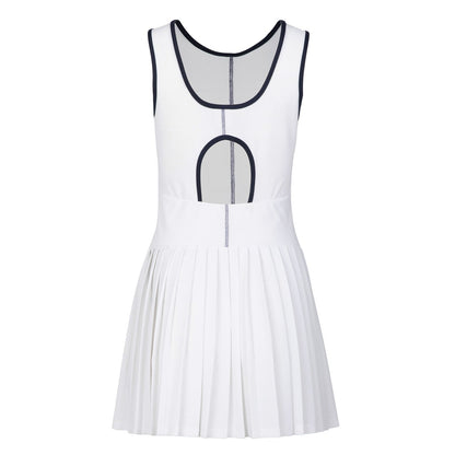 White dress with navy piping on a white background