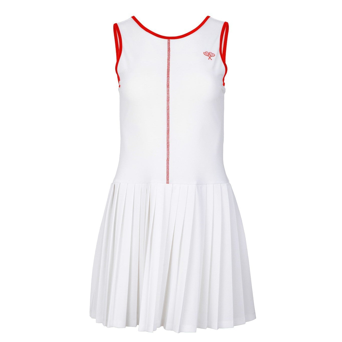 White dress with red accents on a white background
