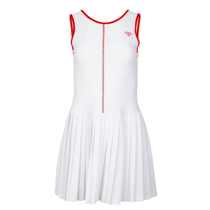 White dress with red accents on a white background
