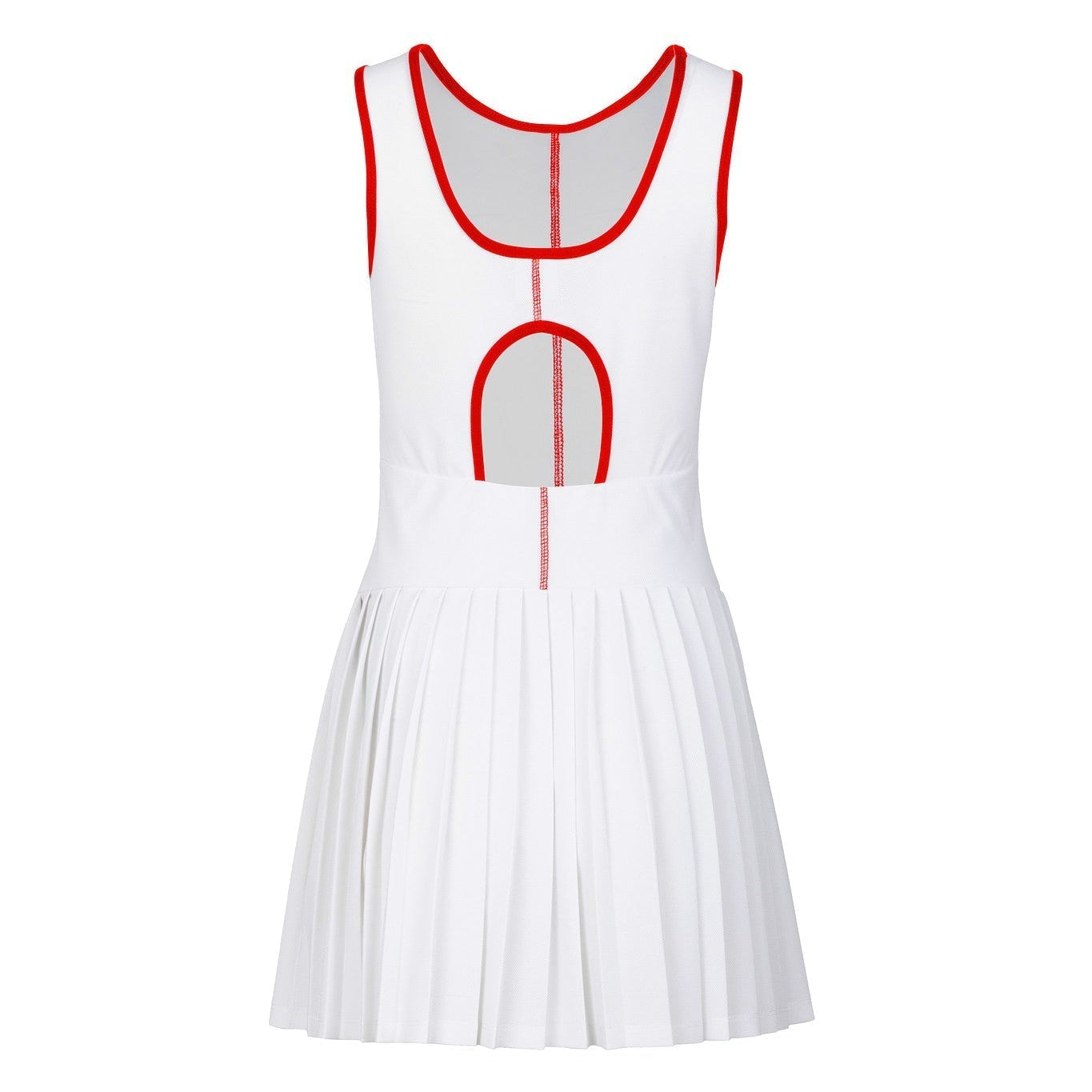 White dress with red accents on a white background