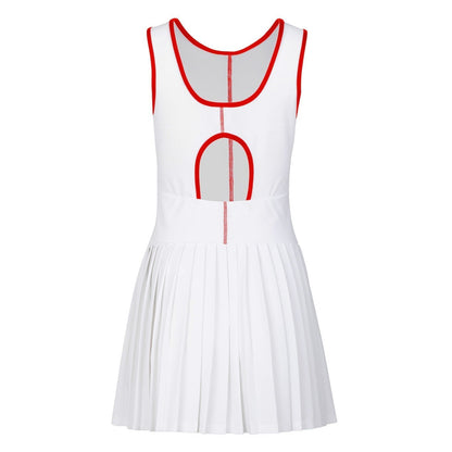 White dress with red accents on a white background