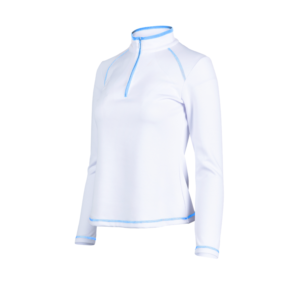 White long-sleeve shirt with blue accents on a white background