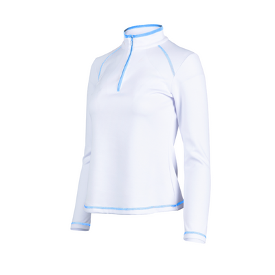 White long-sleeve shirt with blue accents on a white background